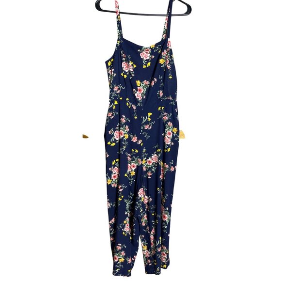 Old Navy Jumpsuit Navy Blue Floral Rayon Relaxed Fit Pockets Boho Womens M - Picture 1 of 7